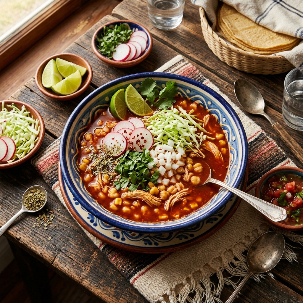 Pozole Rojo Light mexicano con pollo en tazón de cerámica