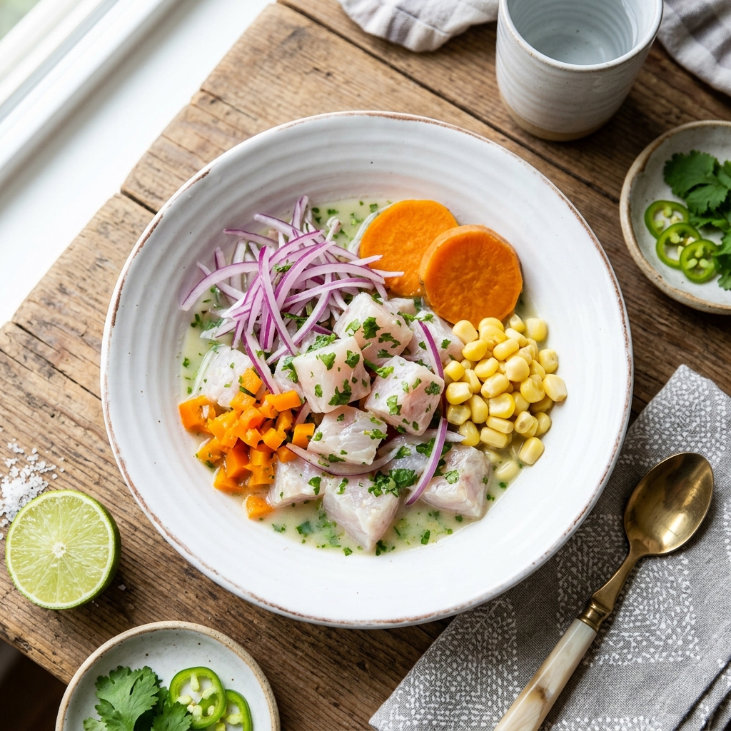 Ceviche de Corvina peruano con ají amarillo, cebolla morada y camote