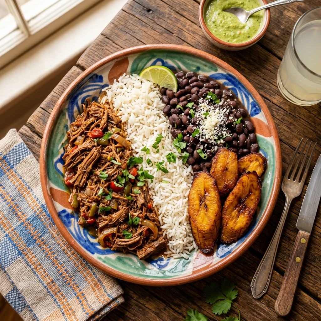 Pabellón Criollo Light venezolano con caraotas negras y tajadas al horno
