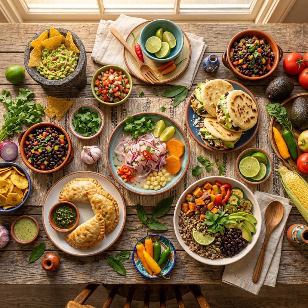 Variedad de platos típicos latinoamericanos saludables dispuestos en mesa de madera